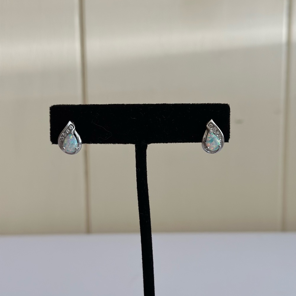Sterling Silver 925 Cabochon Pear Shape Opal W/CZ Accent Stud Earrings